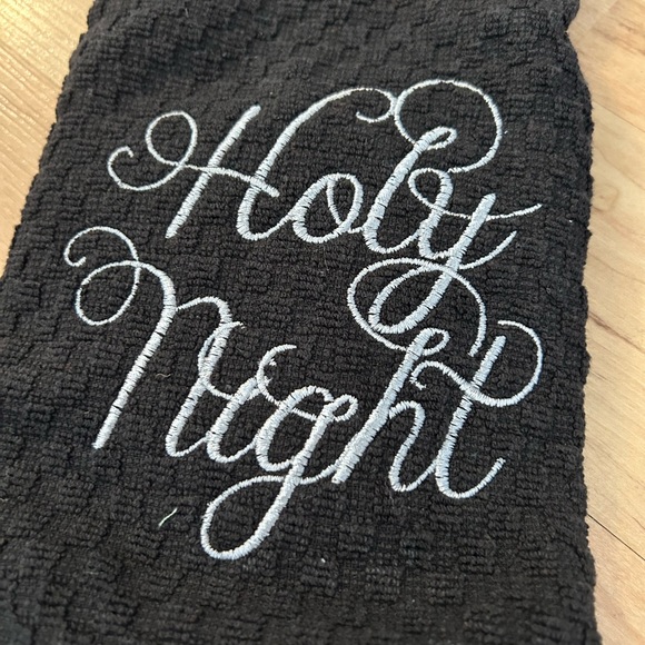 Silver embroidered Holy Night Christmas towel on black waffle weave - Picture 2 of 2